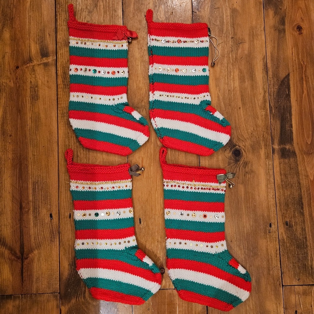 VTG - 4 Handmade Knit Christmas Stockings Sequins Bells Red Green White Holiday